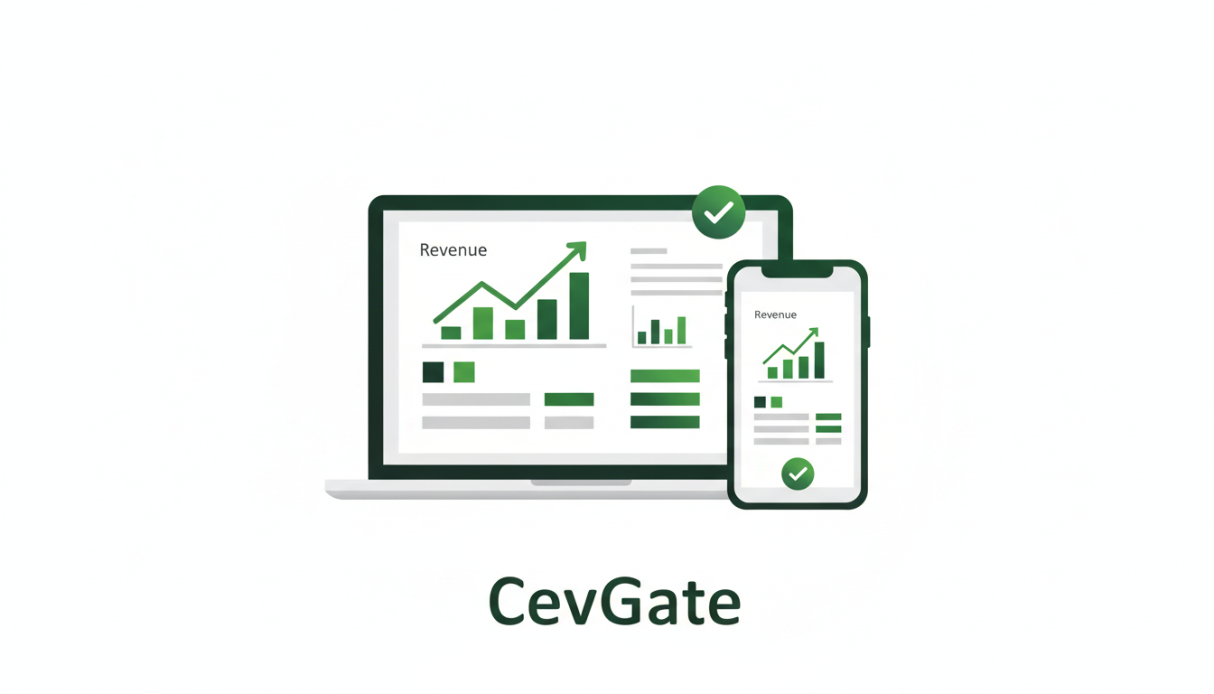 CevGate merchant dashboard on laptop and mobile showing revenue analytics
